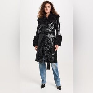Avec Les Filles Black Patent Leather Trench Coat Faux Fur Trim Size XS